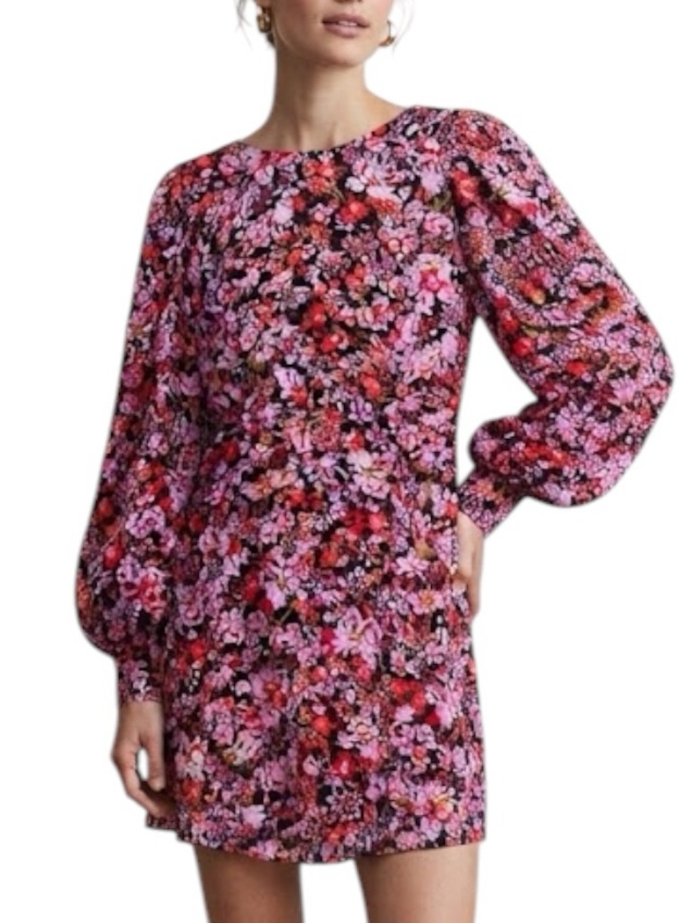 ZARA Vibrant Pink Floral Long Sleeve Cut Out Mini Dress Whimsigoth Size L